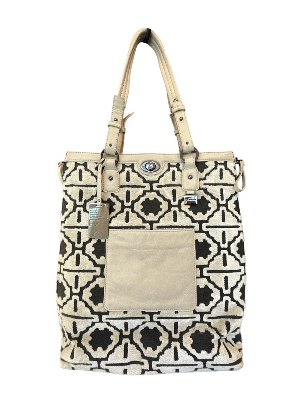 Geometric Cream & Black Tote Bag with Front Pocket